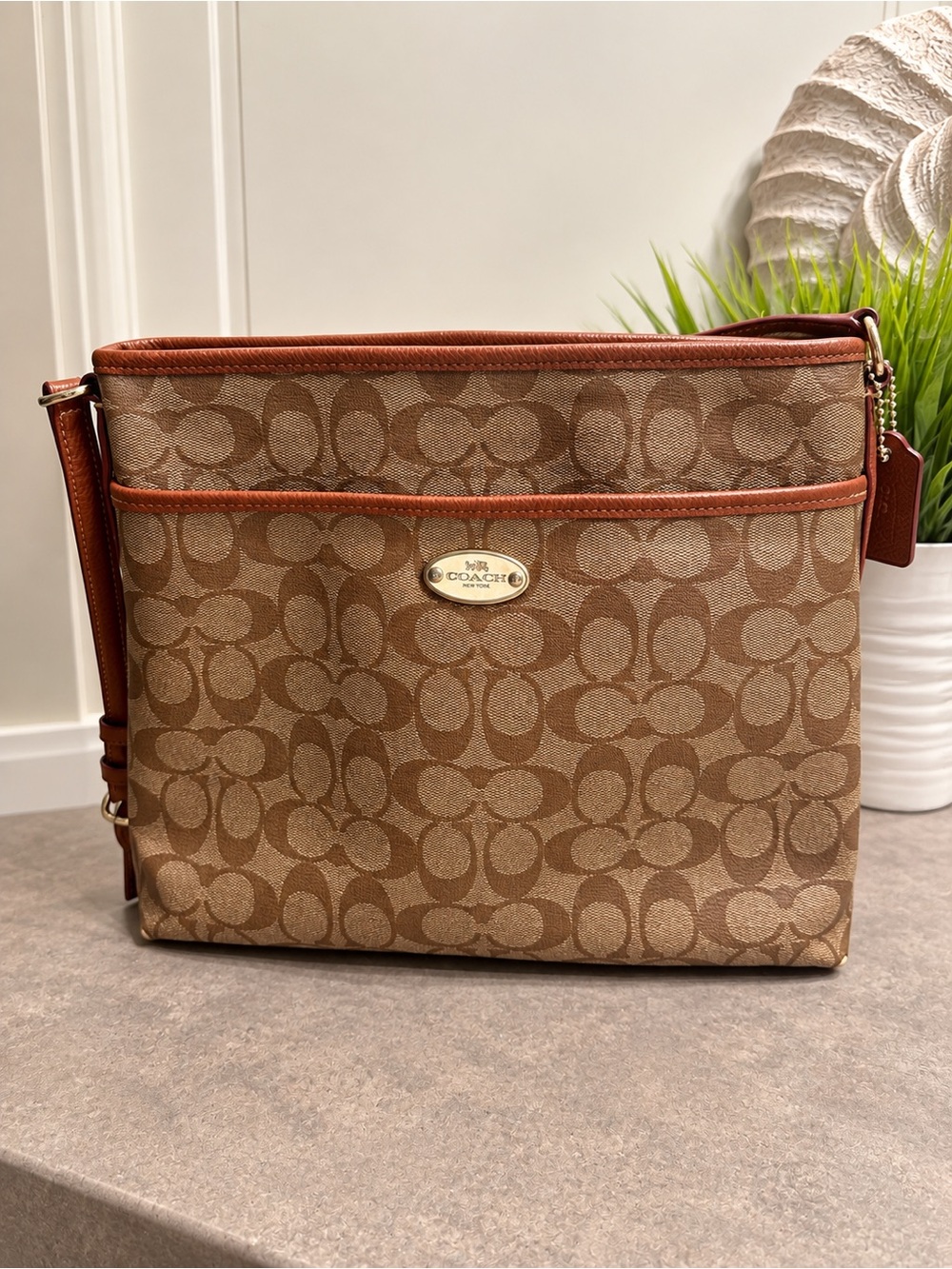 Coach Tan Signature Canvas Messenger with Saddle Leather Trim